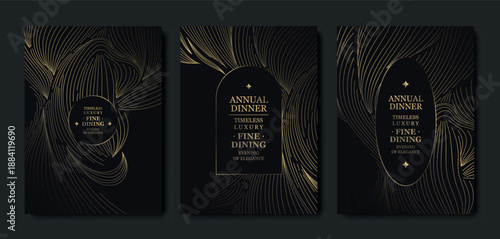 Premium set of elegant gold line invitations, patterns, abstract waves. Luxury vector design for gala VIP cards, awards, certificates, and business or wedding templates.