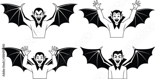Set of cartoon vampire characters with bat wings funny Dracula poses Halloween mascot vector illustration black white outline design
