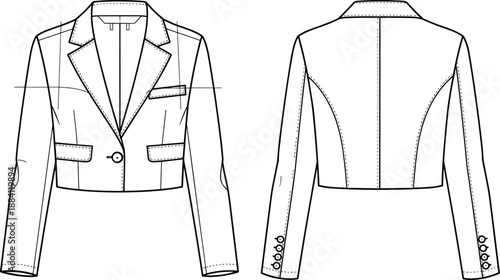 Women cropped blazer technical fashion sketch front and back view tailored office jacket apparel template vector illustration design for production