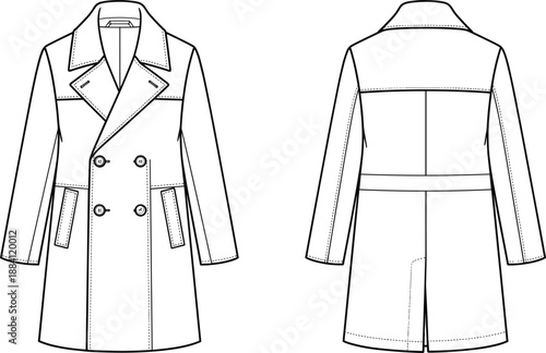Women double breasted trench coat technical fashion sketch front and back view classic outerwear apparel template vector illustration design