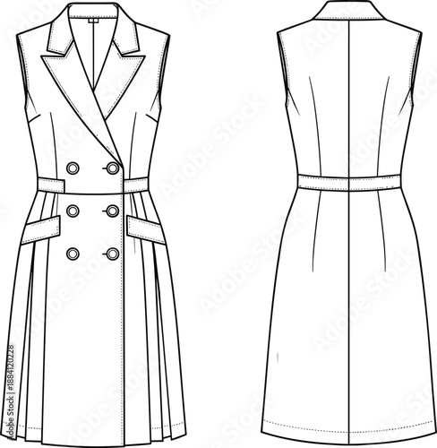 Women sleeveless double breasted midi dress technical fashion sketch front and back view belted apparel template vector illustration design