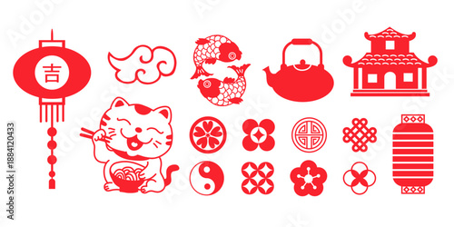 set of red vector asian symbols