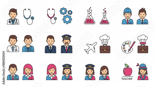 Collection of diverse professional occupation icons and symbols.