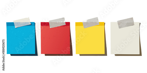 Colorful sticky notes with tape, blank for text on transparent background. Set of blank realistic post note stickers template with shadow. Office stationery, reminder notes for planning or message.