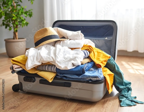 Overstuffed suitcase on wood floor with clothes spilling out; plant & light background