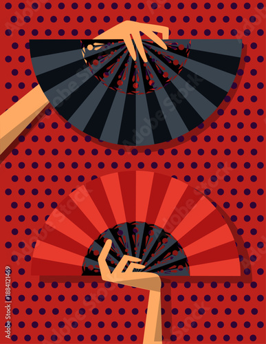red andalusian flamenco background with folding fan