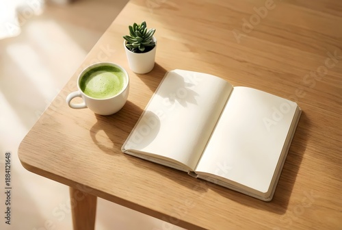 Blank open notebook with matcha green tea latte and succulent on wooden table
