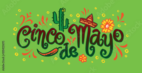 Cinco de Mayo lettering for Mexican National holiday. Greeting design for cards posters and banners. Hand drawn brush made phrases with cactuses and Sombrero