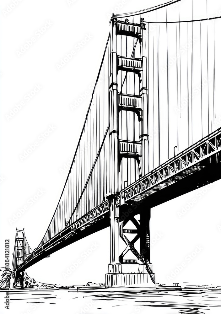 Obraz premium Black and white graphic illustration of a suspension bridge