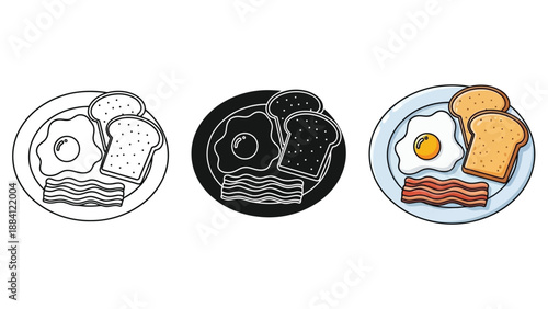 Set of three icons representing a classic breakfast plate with fried egg, toast, and bacon strips in outline, silhouette and color styles