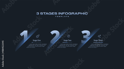 Dark Tech Vector Infographic Design with 3 Options or Steps, Minimal Icon and Number Layout, Black Theme diagram info, and Bar Progress Visualization