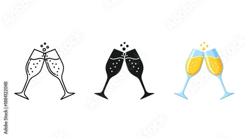 Toast with two champagne glasses clinking, celebration icon set in outline, solid and color styles