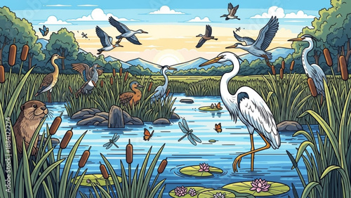 Serene wetland scene with a white heron standing among cattails lily pads and vibrant aquatic life under a sunny sky with flying birds