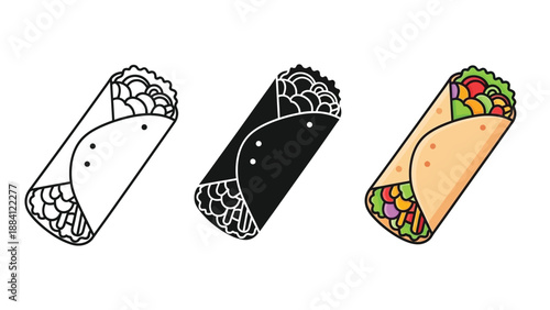 Set of three burrito icons or illustrations outline, solid black and colored, representing mexican fast food wrap
