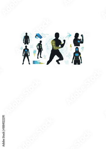 Bio-Integrated Solar Wearable Silhouette, Athlete with Skin Energy Patch, Future Fitness and Human Augmentation Performance Vector Design