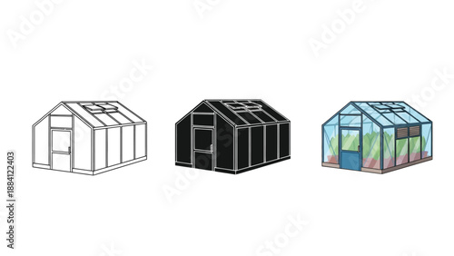 Set of three greenhouse icons outline, silhouette and colored illustration