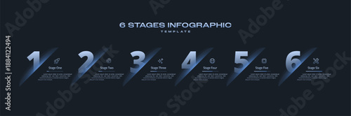 Dark Tech Vector Infographic Design with 6 Options or Steps, Minimal Icon and Number Layout, Black Theme diagram info, and Bar Progress Visualization