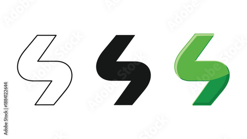 Set of three stylized letter s shapes in outline, solid black and glossy green variations