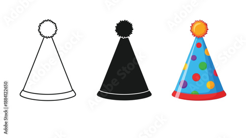 Set of three party hats outline, silhouette and colorful illustration