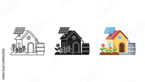 Eco friendly house with solar panel and rainwater harvesting system icon set in outline, solid and color styles