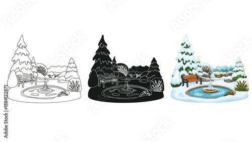 Winter park scene with fountain, snowcovered trees, and benches in three styles outline, silhouette and full color illustration