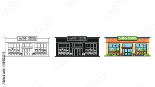 Set of three storefront illustrations outline, silhouette and full color garden center building facade
