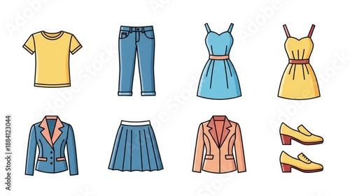 Collection of casual and formal clothing items for women.