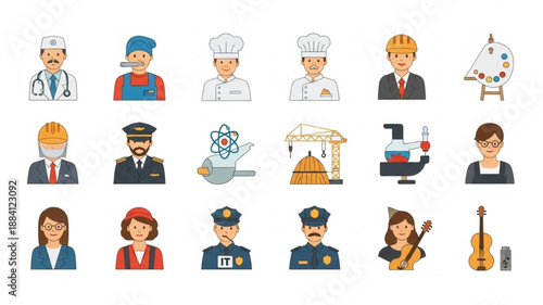 Collection of diverse professional occupation icons in a grid.