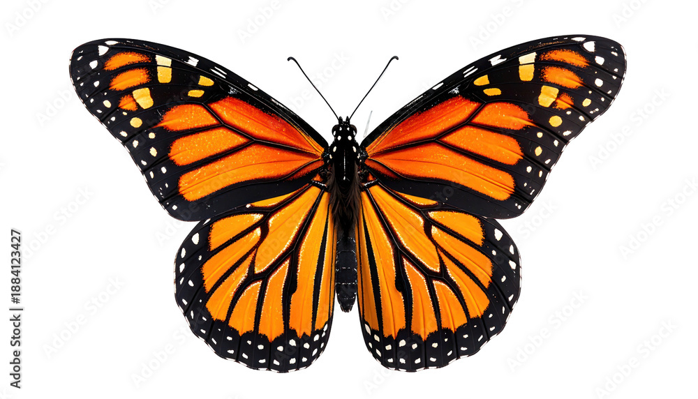 Fototapeta premium Symmetrical butterfly, vibrant orange and black wings, detailed patterns, isolated black background