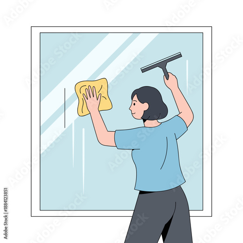 Woman cleaning window glass with a squeegee and cloth indoors  