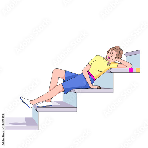 Young woman resting on stairs with relaxed posture and casual outfit  