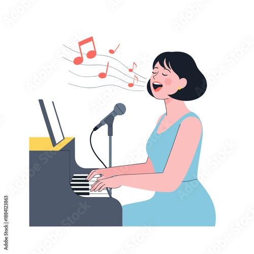 Young woman singing while playing piano with microphone  
