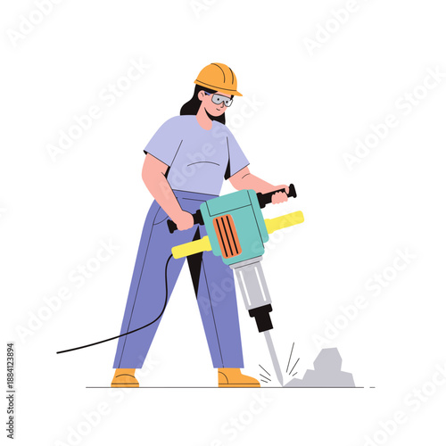 Woman using a jackhammer while working on a construction site  
