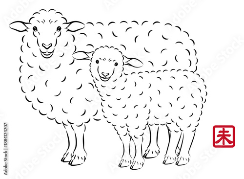 優しい目をした美しい羊の親子のイラスト 墨絵風でお洒落な未年の年賀状素材 ベクター