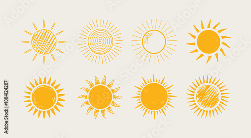 Yellow Sun Vector Illustration, Abstract Hand Drawn Doodle Suns with Different Rays, Childish Style Design Elements for Weather App, Summer Mood, Travel, Climate, and Sunlight Concept