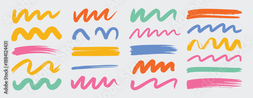 colorful hand drawn chalk underline and swirl lines, crayon brush strokes, wavy spiral scrawls, vector illustration on white background.