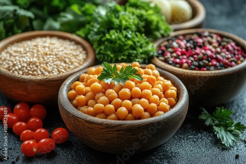 Assortment of fresh plant-based ingredients for vegetarian cooking
