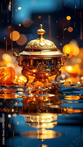 Ornate gold bowl with lid, sits amidst reflections of soft bokeh lights against a dark blue background