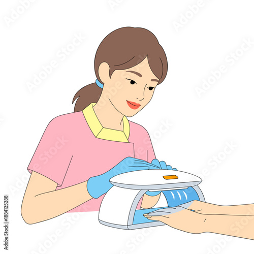 Female manicurist applying gel polish with UV lamp at salon  