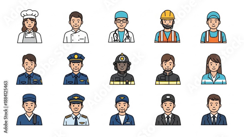 Collection of diverse professional occupation avatars in a grid layout.