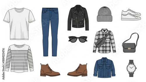 Collection of mens casual clothing and accessories laid out flat.