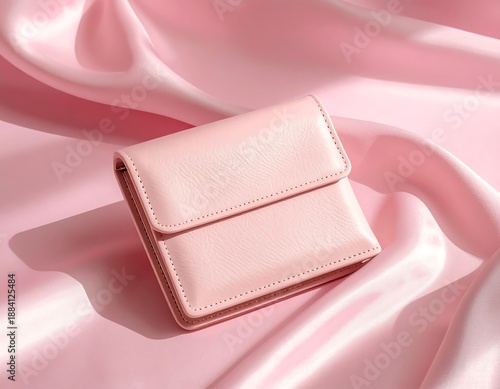 Pastel pink square wallet on a draped, shiny pink fabric, bathed in soft light creating gentle shadows