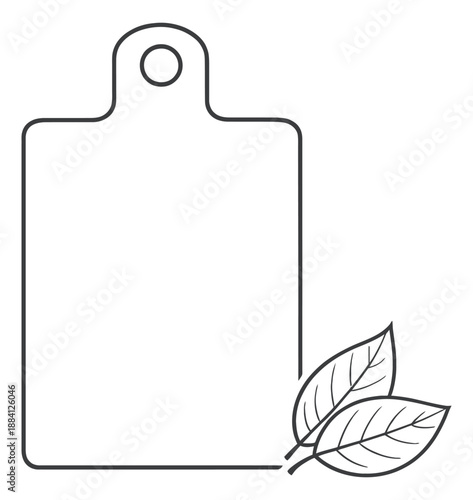 Line art illustration of a chopping board and leaves depicting kitchen preparation for cooking and food concepts