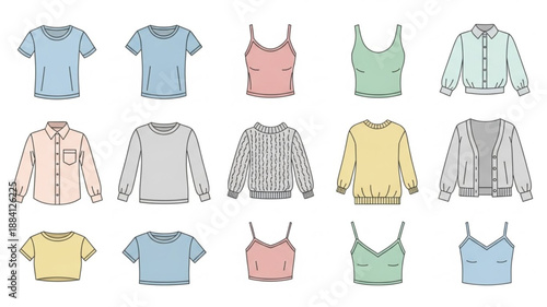 Collection of various womens clothing items displayed.