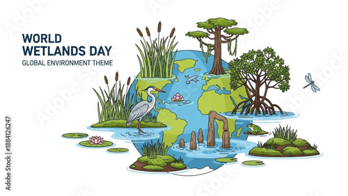World wetlands day illustration with globe wetlands and wildlife on white background