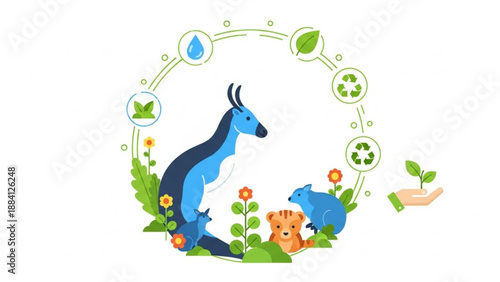 Eco friendly animals and plants in a natural environment with recycling symbols