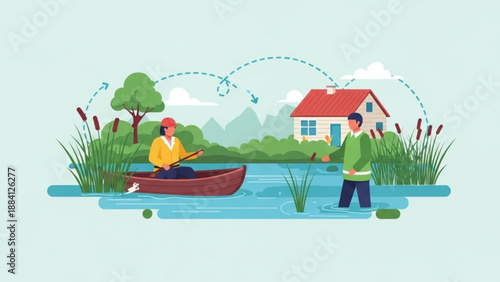 Serene lake scene with man fishing from canoe and another wading in water near house with red roof