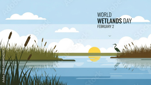 World wetlands day illustration with serene landscape water reeds and heron on february 2nd