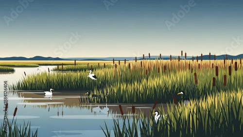 Serene wetland landscape with white birds tall green reeds and calm water under a clear blue sky with distant mountains