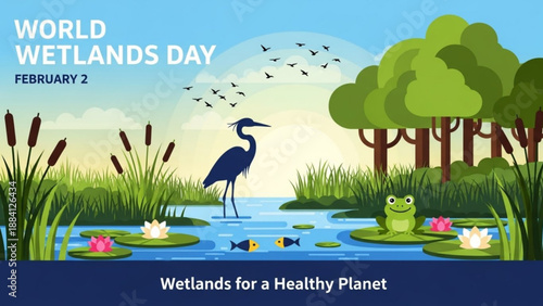 World wetlands day illustration with heron frog and fish in a pond with lily pads and trees